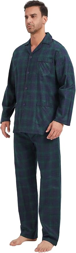 GLOBAL Men's Pajamas Sets 100% Cotton Flannel Sleepwear Long-Sleeve top & Bottom
