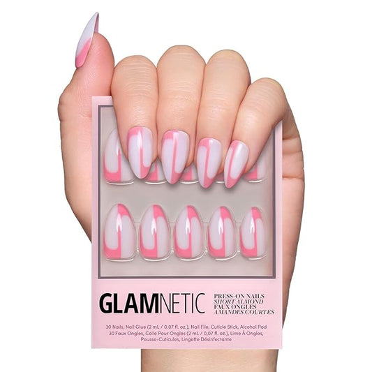 Glamnetic Press On Nails - Better Half | Glossy, Semi-Transparent Short Almond Nails with Pink Accents, Salon Quality | 15 Sizes - 30 Nail Kit with Glue