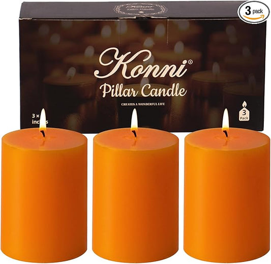 KONNI Orange Pillar Candles Set of 3, 3"x 4" Unscented Pillar Candles Bulk, 40 Hours Long Burning Candles, Smokeless&Dripless Large Round Candle for Wedding, Home Decoration, Parties, Spas, Dinner