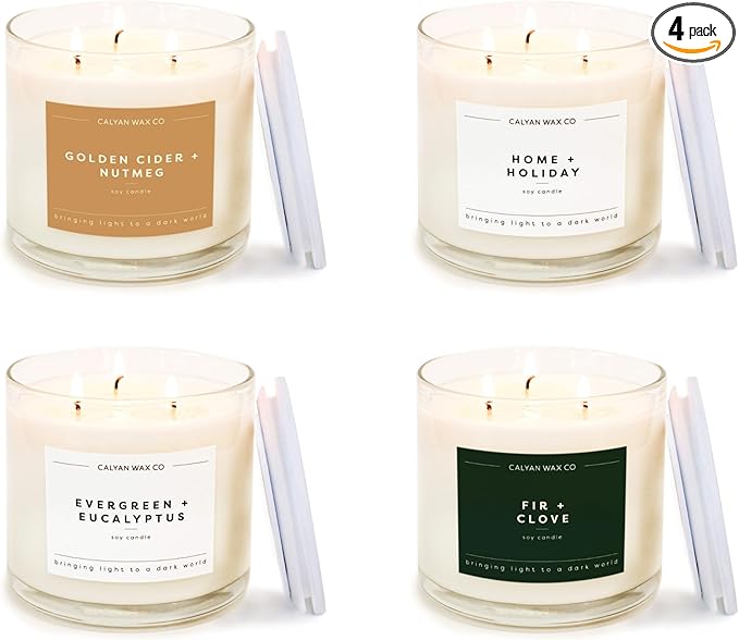 Calyan Wax Co. Holiday Scented Candle Set, Holiday Bundle of 4 Scented Candles, Bulk 3 Wick Candles, Non Toxic & Vegan Soy Wax, Candle Gift Set, 43 Hour Burn Time, 14.9oz Each