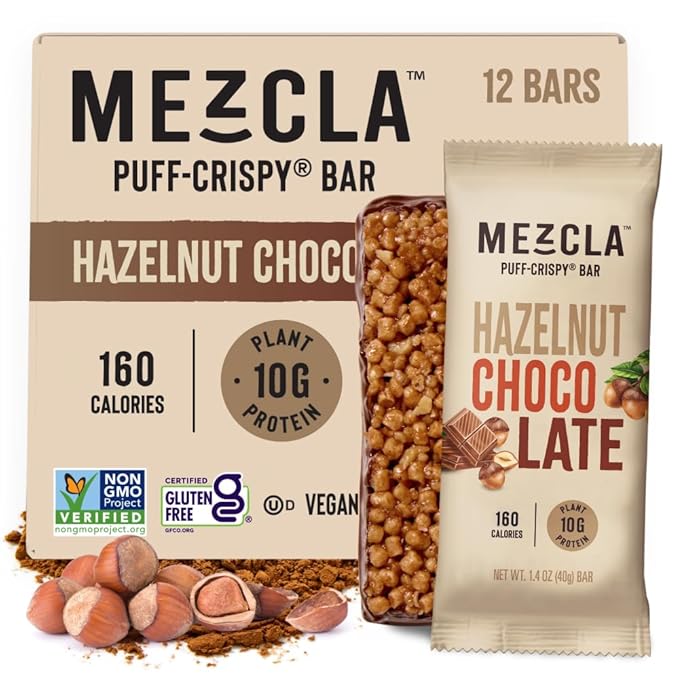 Mezcla Puff Crispy Protein Bars, Gluten Free & Vegan Protein Bars, 10g Protein, Alt for Crispy Rice Treat, Granola Bars & Breakfast Bars, Healthy Snacks for Adults, Hazelnut Chocolate, 12 Pack