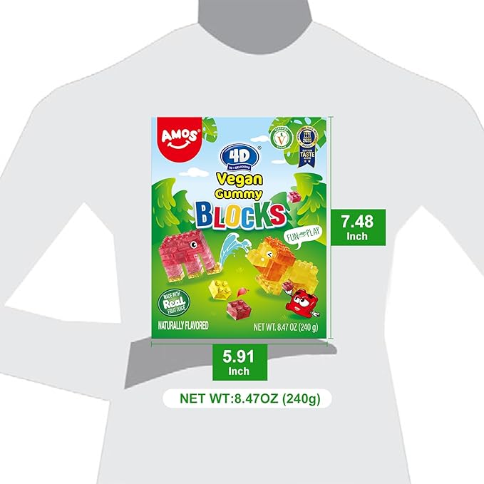 AMOS 4D Vegan Gummy Blocks Candy – Assorted Fruit Flavors, Made with Real Juice, Fun-to-Build Edible Blocks, Fat-Free, 8.47oz (240g)
