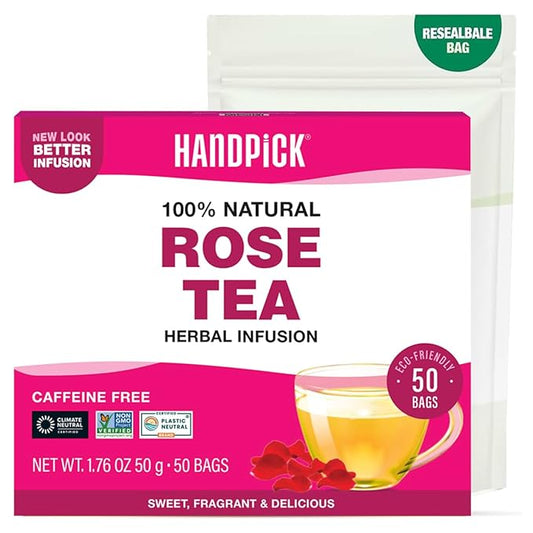 HANDPICK, Rose Buds Herbal Tea Bags - 50 Count | Caffeine Free Rose Tea with Chamomile & Tulsi | Floral & Smooth | Round Eco-conscious Tea Bags