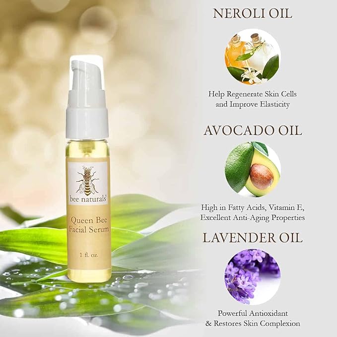 Bee Naturals Queen Bee Facial Serum-Antioxidant-Rich with Organic Tamanu Oil, Beta Carotene & Rose Absolute, Anti-Aging & Hydrating for Dry, Damaged Skin-Vitamin C & E, Pure Essential Oils, 1 fl oz