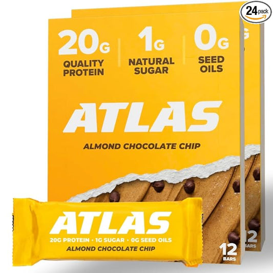 Atlas Protein Bar – 20g Clean Protein, 1g Natural Sugar, No Seed Oils, Gluten Free, No Artificial Sweeteners - Almond Chocolate Chip 24 Count