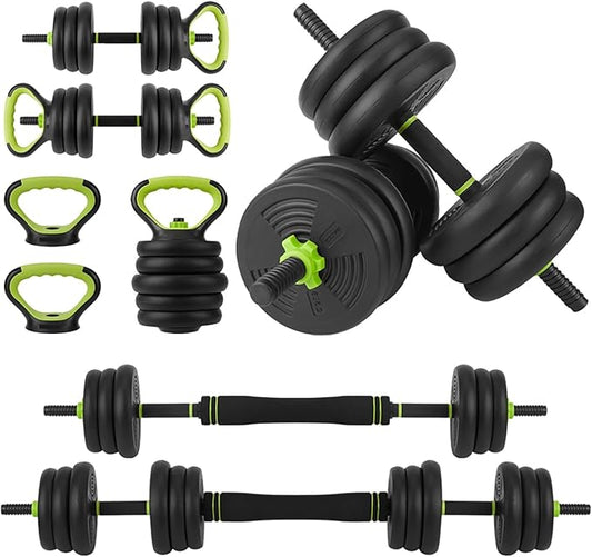 Adjustable Dumbbell Set, 30/44/66/88Lbs Free Weight Set with Connector, 4 In1 Dumbbells Set Used As Barbell, Kettlebells, Push Up Stand,Green and Black