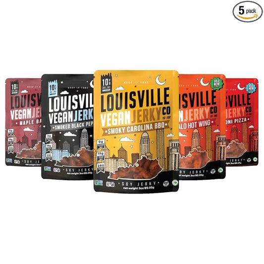 Louisville Vegan Jerky Co. Traditional Variety Bundle Vegan Jerky 3 oz. 5 pack (Smoky Carolina BBQ, Buffalo Hot Wing, Maple Bacon, Pepperoni Pizza, Smoked Black Pepper)