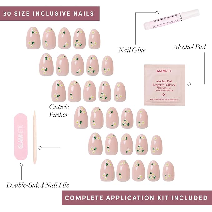 Glamnetic Press On Nails - Petals | Glossy, Semi-Transparent, Short Oval Nails, Salon Quality | 15 Sizes - 30 Nail Kit with Glue