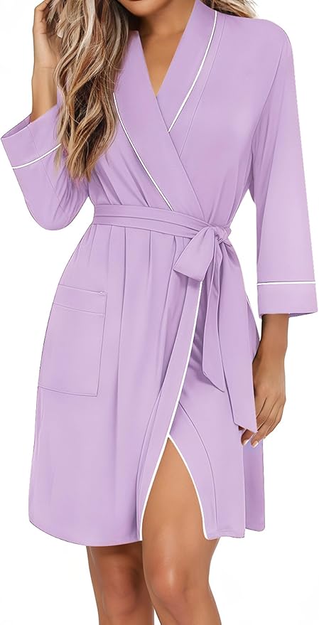 Ekouaer Women Robes Shawl Collar Bathrobe Short Kimono Robe Soft Knit Bathrobes Ladies Sleepwear with Pockets S-XXL