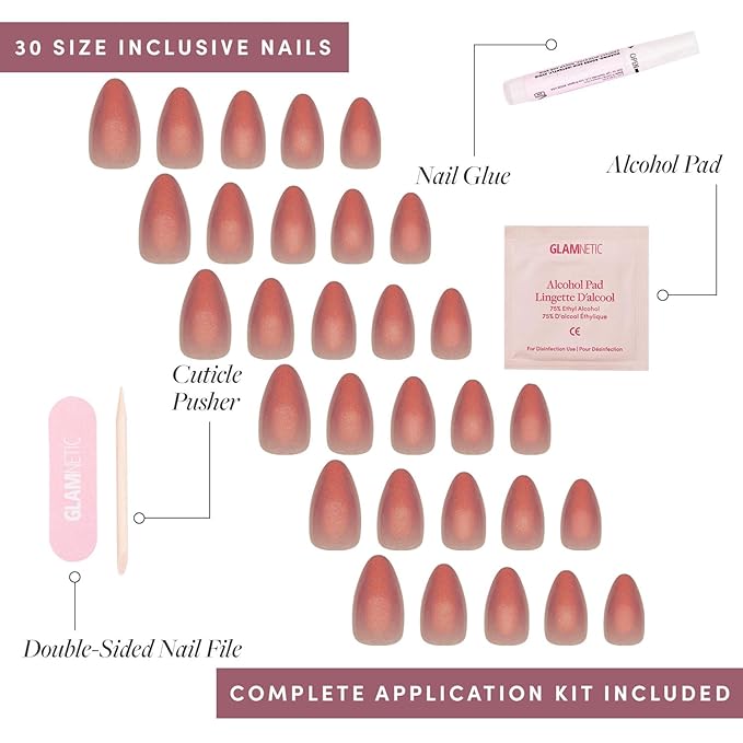 Glamnetic Press On Nails - Rose | Short Almond Rosy-Pink Nails with a Mesmerizing Metallic Finish | 15 Sizes - 30 Nail Kit with Glue