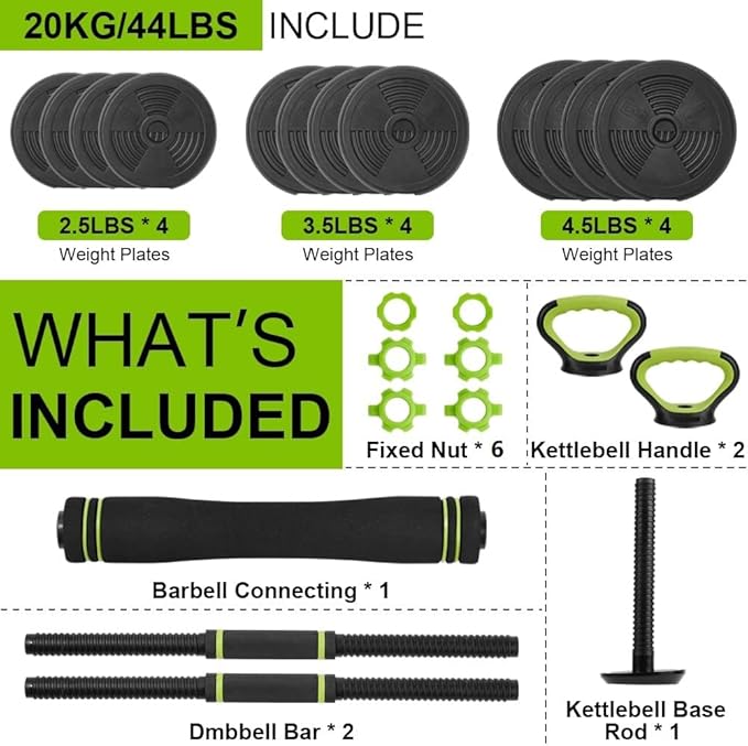 Adjustable Dumbbell Set, 30/44/66/88Lbs Free Weight Set with Connector, 4 In1 Dumbbells Set Used As Barbell, Kettlebells, Push Up Stand,Green and Black