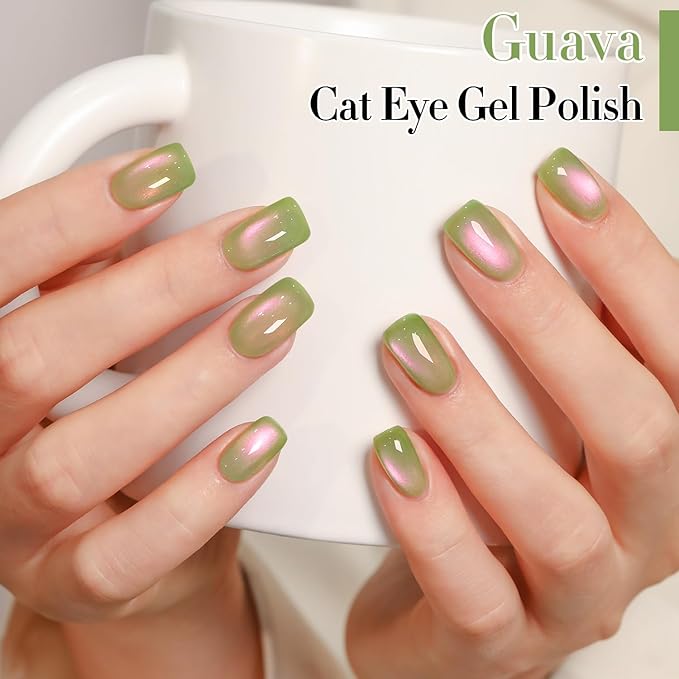 Double Rhythm 0.5 OZ Cat Eye Gel Polish with Magnet 15ML Holographic Glitter Shimmer Translucent Jelly Color Magnetic Nail Polish Salon DIY at Home (Pink Green-MC1215)