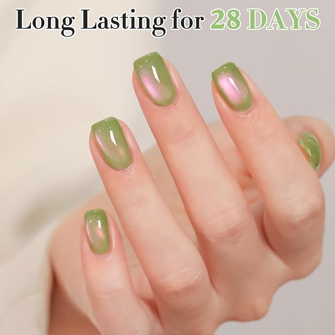 Double Rhythm 0.5 OZ Cat Eye Gel Polish with Magnet 15ML Holographic Glitter Shimmer Translucent Jelly Color Magnetic Nail Polish Salon DIY at Home (Pink Green-MC1215)