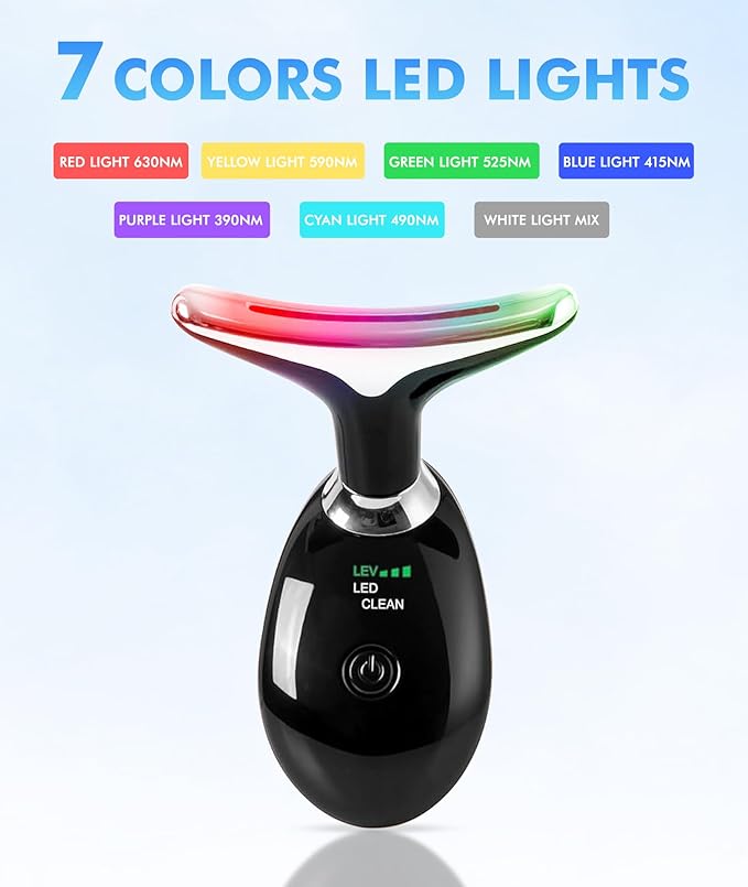 Red-Light-Therapy-for-Face-and-Neck, 7 Color Face Massager Tool for Wrinkles, Double Chin, Vibrating Facial Massager with Thermals for Skin Care, Glossy Black