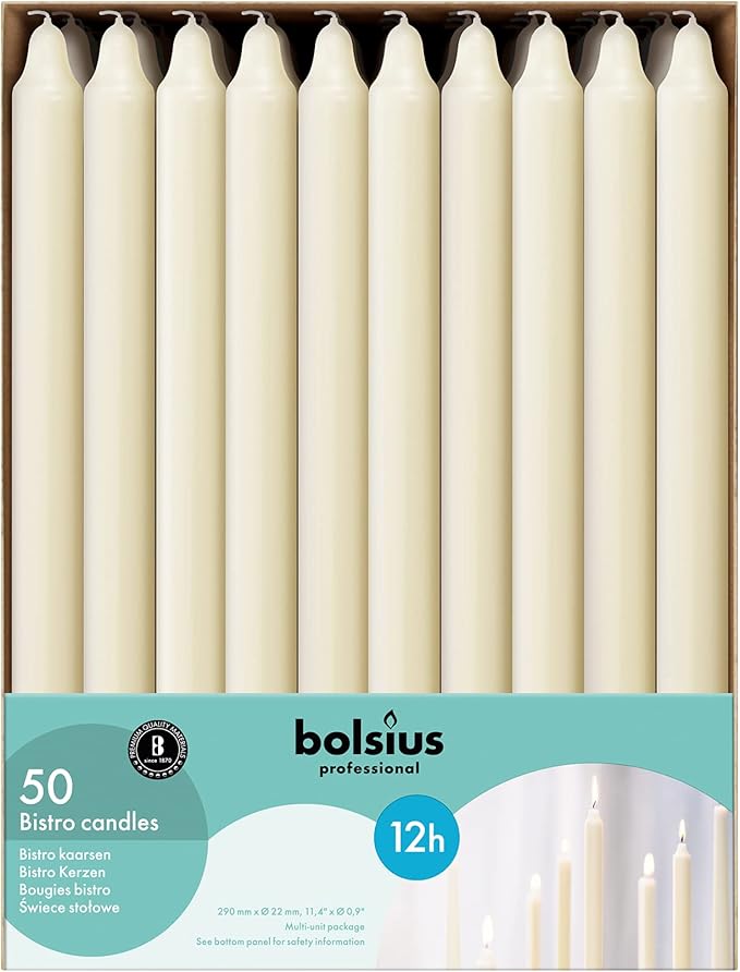 BOLSIUS Ivory Candlesticks Bulk Pack 50 Count - Unscented Dripless 11.5 Inch Household & Dinner Candle Set - 12+ Hours - Premium European Quality - Consistent Smokeless Flame - 100% Cotton Wick