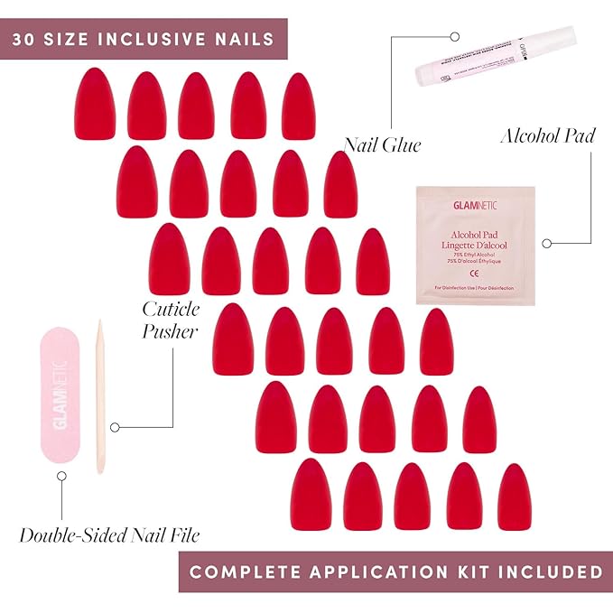 Glamnetic Press On Nails - Fiery Red | Opaque Bright Red Short Almond Fake Nails, Salon Quality | 15 Sizes - 30 Nail Kit