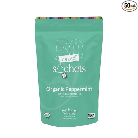 Two Leaves and a Bud Organic Peppermint - 50 Naked Tea Sachets, Naturally Caffeine Free, Whole Leaf Herbal Tea in Eco-Friendly Unwrapped Compostable Sachets, Resealable Bag, 50 Count (Pack of 1)