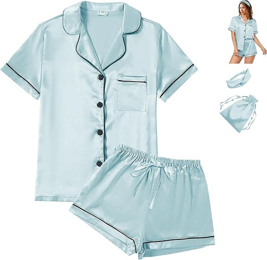 4Pcs Womens Satin Silky Pajama Sets Short Sleeve Shirt XS-4XL Floral Pajamas Set Soft PJ Loungewear Sleepwear