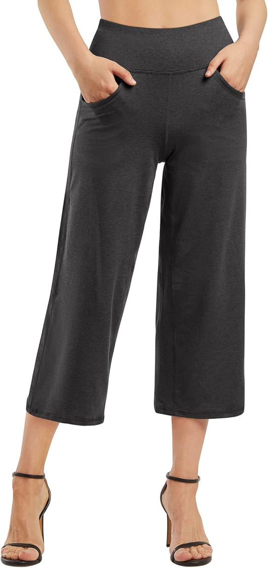 Promover Capri Pants for Women Wide Leg Yoga Cropped Pants with Pockets Loose Casual Summer Pants