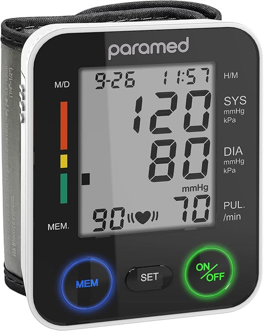 PARAMED Automatic Wrist Blood Pressure Monitor: Blood-Pressure Kit of Bp Cuff + 2AAA and Carrying case - Irregular Heartbeat Detector & 90 Readings Memory Function & Large Display
