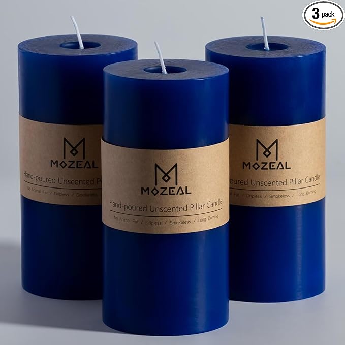 MOZEAL 3" x 6" Hand-Poured Unscented Candle, Dripless Pillar Candle Set of 3, Long Lasting Burning, Approx 120 Hours Burn Time, Rustic Country Style, for Winter Celebrations, Royal Decors, Royal Blue