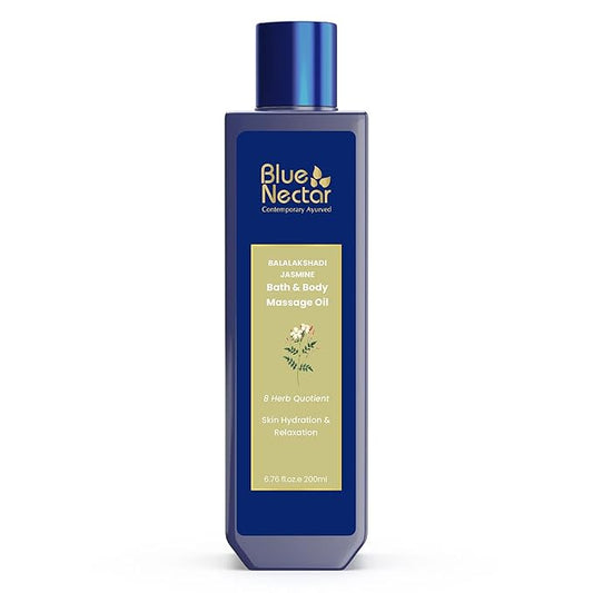 Blue Nectar Sensuous Jasmine Body Massage Oil for Relaxing Massage Therapy with Essential Oils | 100% Natural Ingredients (8 Herbs, 6.76 fl oz)