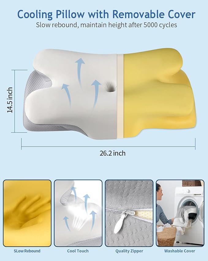 Cervical Neck Pillow for Pain Relief Sleeping, Cooling Ergonomic Contour Side Sleeper Pillow for Neck Support, Odorless Soft Memory Foam Orthopedic Bed Rest Pillow for Back Stomach Sleeper, Grey