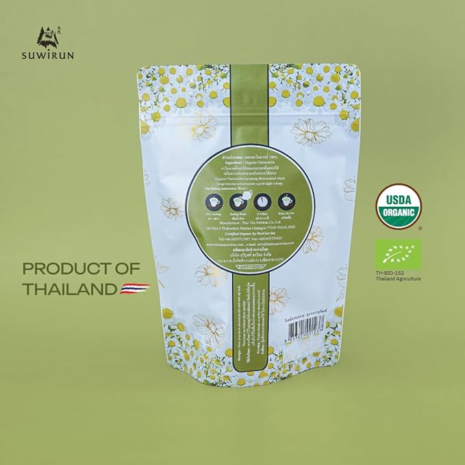 Suwirun Organic Chamomile Tea 25 Bags – 100% Chamomile Flowers – Naturally Caffeine-Free, Supports Relaxation & Sleep – Smooth & Soothing Herbal Tea