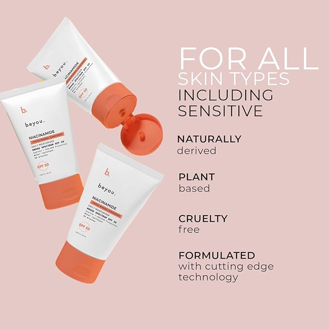 Beyou. Niacinamide Daily Moisturizer Mineral Face Sunscreen + SPF 50 – Tinted Sunblock with Zinc Oxide, Lightweight & Fast-Absorbing, Oil- Free, Plant-Based, Cruelty-Free, All Skin Types – 1.69 fl oz