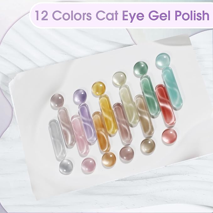 ROSALIND Cat Eye Gel Nail Polish - 12 Colors Jelly Gel Polish Set Translucent Cateye Effect Soak Off UV Set Magic Magnetic Glitter Nail Art Collection with Magnet Stick Manicure Gift for Women