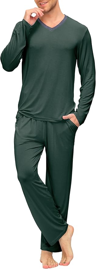 JINSHI Men's Pajama Sets Sleepwear Nightwear Lightweight Quick Dry Soft 2 Piece Long Sleeve Mens Loungewear Sets with Pocket