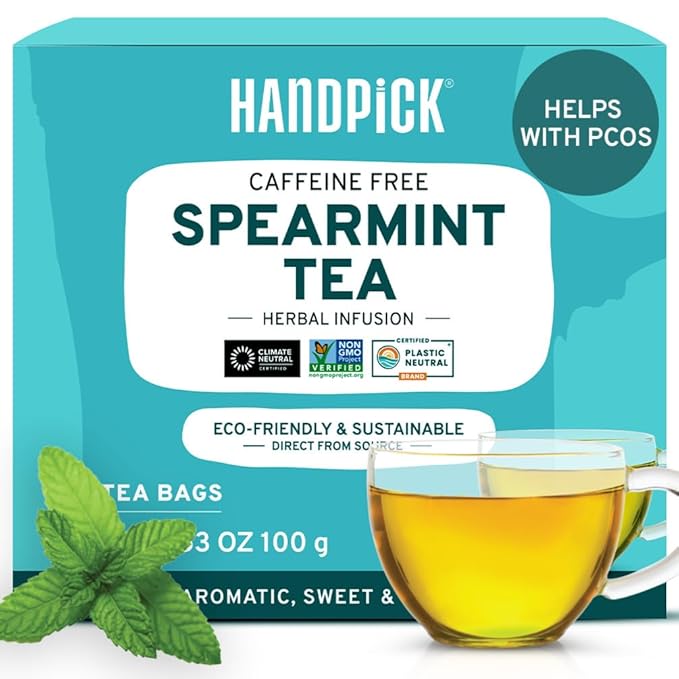 HANDPICK, Spearmint Tea Bags for PCOS relief (100 Herbal Tea Bags) |Refreshing Mint Tea | Non-GMO | Round Eco-Conscious Teabags