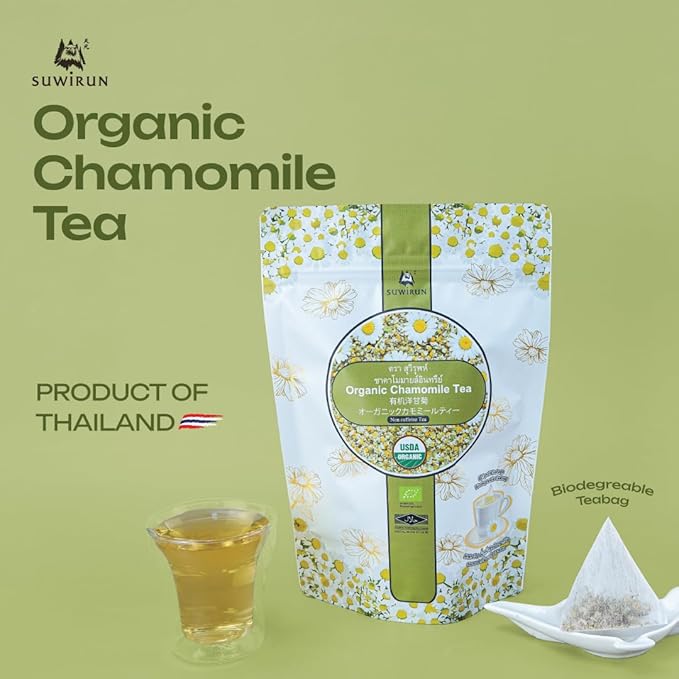 Suwirun Organic Chamomile Tea 25 Bags – 100% Chamomile Flowers – Naturally Caffeine-Free, Supports Relaxation & Sleep – Smooth & Soothing Herbal Tea
