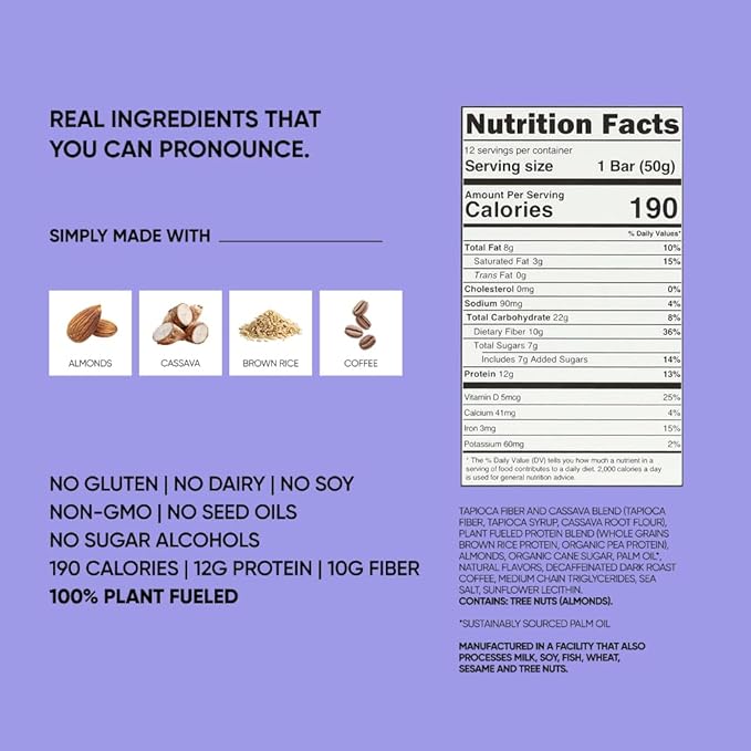 TRUBAR Vegan Protein Bar, Whole Lotta Macchiato, Gluten Free, Plant Based Protein, Dairy Free, Non GMO, Soy Free, No Sugar Alcohols, 12G Protein, 12G Fiber, 23G Carb, On the Go Snack Bars, 12 CT