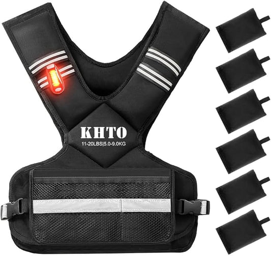KHTO Adjustable Weighted Vest for Men and Women with Warning Light Reflective Strip，Large Weight Vest for Exercise Set Cardio and Strength Training (4-10lb/11-20lb/20-32lb)