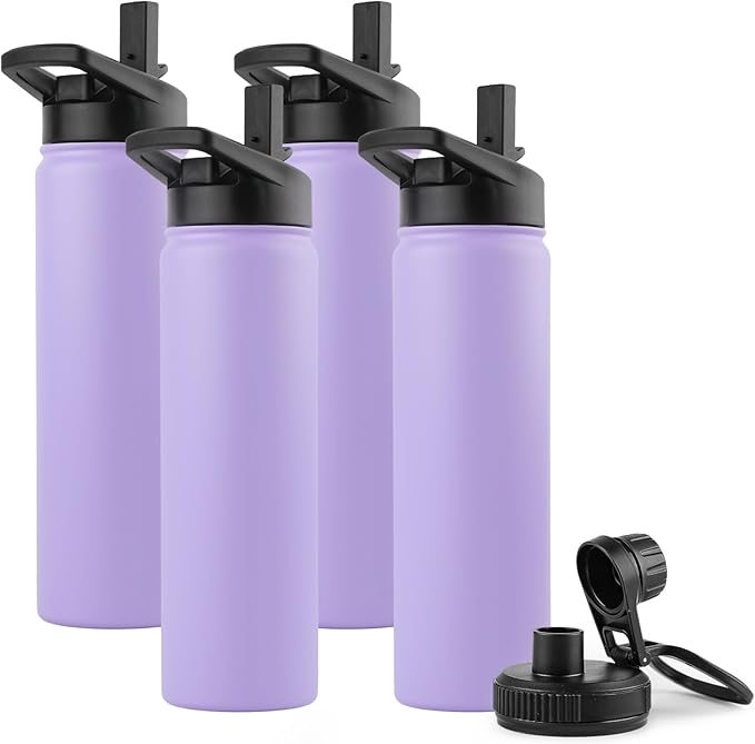 DOMICARE Insulated Water Bottle, 22 oz Vacuum Insulated Stainless Steel Reusable Sports Bottle with Straw Lid & Spout Lid for Travel, Camping, Bike, Leakproof, Purple, 4 Pack