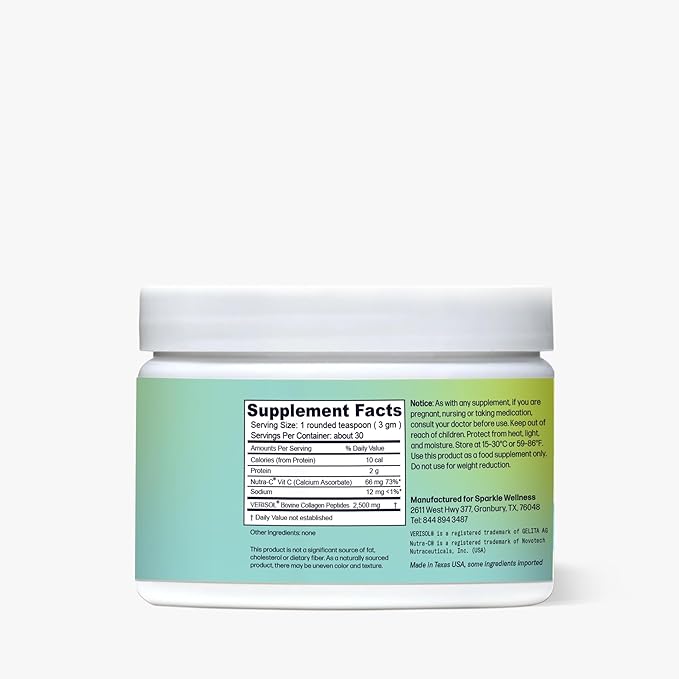 Sparkle Wellness VERISOL Bioactive Hydrolyzed Collagen Peptides | Collagen Powder Supplement with Vitamin C for Skin, Hair & Nail Health | Skin Boost (No Flavor) [30-Serves]