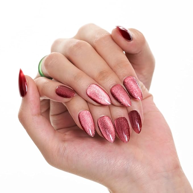 GLAMERMAID Magnet Cat Eyes Dark Red Press on Nails Short Almond, Handmade Jelly Gel Fake Nail Set, Ombre Glitter Magnetic Glue on Nail Stiletto, Scarlet Medium Oval Stick on False Nail Set for Women