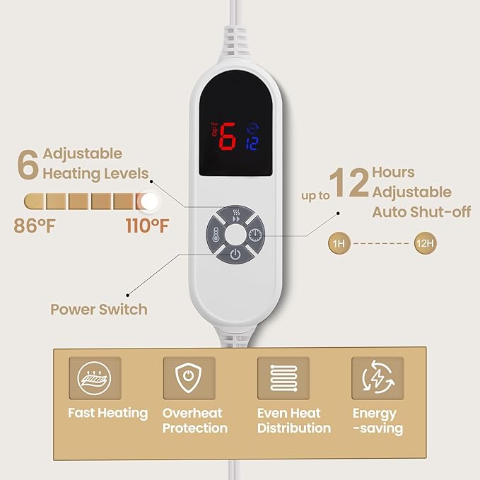 Electric Heated Blanket 90"x100",Luxury White Coffee Faux Fur Electric King Blanket,Fast Heating Soft Fluffy Thick Electric Blanket with 6 Heating Levels & 12H Auto Off