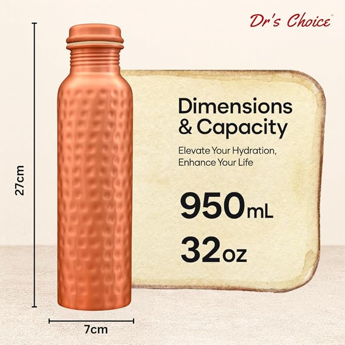 Dr's Choice; By Copperking Copper Water Bottle for Drinking 32 Oz | Ayurvedic-Inspired, Hammered Design, Eco-Friendly, Men and Women For Yoga & Fitness Use (Hammered)