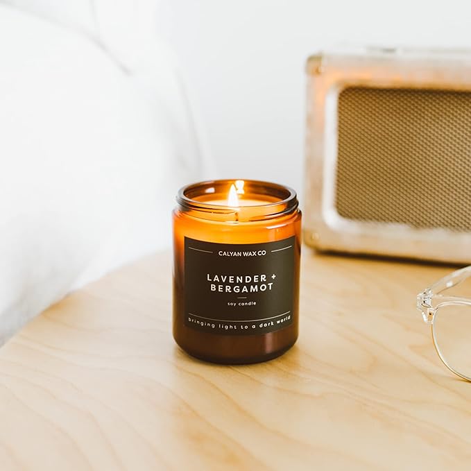 Calyan Wax Co. Soy Wax Candle, Lavender + Bergamot Scented Candle, 57 Hour Burn Time, Aromatherapy Soy Candles, Non Toxic & Vegan Soy Wax, Amber Glass Jar Scented Candles, 7.2oz