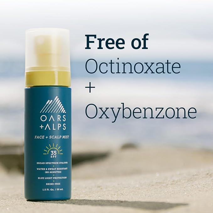 Oars + Alps Face & Scalp Sunscreen Spray Mist, SPF 35 Facial & Hair Sunscreen, Protects from Blue Light, Infused with Aloe Vera + Cucumber, Water & Sweat Resistant, Summer Splash Scent, 2pk