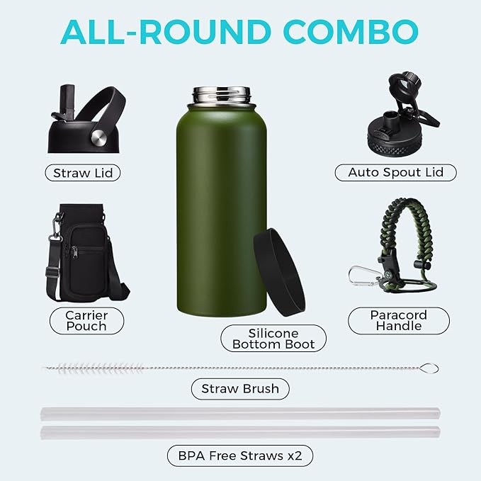 32 oz Water Bottles Insulated with Straw & Chug Lid, Paracord Handle, Strap Carry Bag, Triple Wall Stainless Steel Wide Mouth Thermal Flask for Men Women Gym Outdoor Fitness Sports Hiking, Army Green