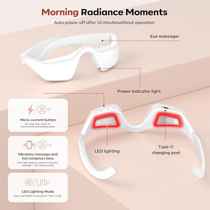 Multi-Mode Eye Massager with Heat, Vibration & 3-Color Light Care, Helps Brighten Eye Area and Smooth Appearance, Portable Glasses for Home & Travel