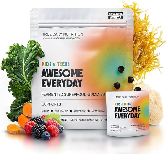 Awesome Everyday Superfood Gummies for Kids & Teens – Multivitamin for Boys & Girls - EAAs, Mushrooms & Adaptogens - Vegan, No Artificial Flavors, Colors or Seed Oils - Ages 2-15 - 28 Count