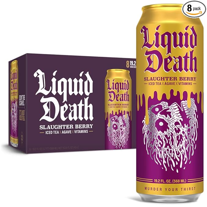 Liquid Death, Slaughter Berry Flavored Iced Tea, 8-Pack (19.2oz Cans), Raspberry Flavored Black Tea, Low Calorie, No Artificial Sweeteners, B12 & B6 Vitamins