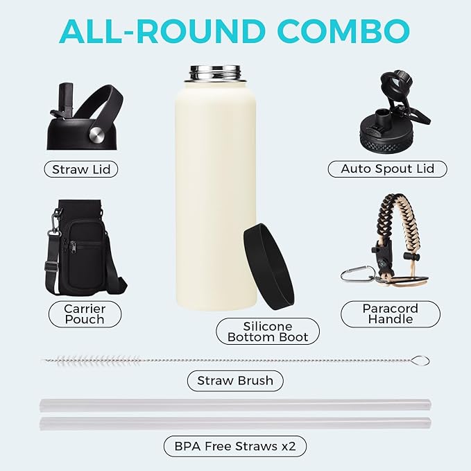 40oz Insulated Water Bottle with Straw - Pop-up Chug Lid (Cold-48H Hot-24H) Stainless Steel Water Bottles Sweat Proof, Metal Hydro Thermo Jug w/Strap Carrier Bag, Paracord Handle, Cream White