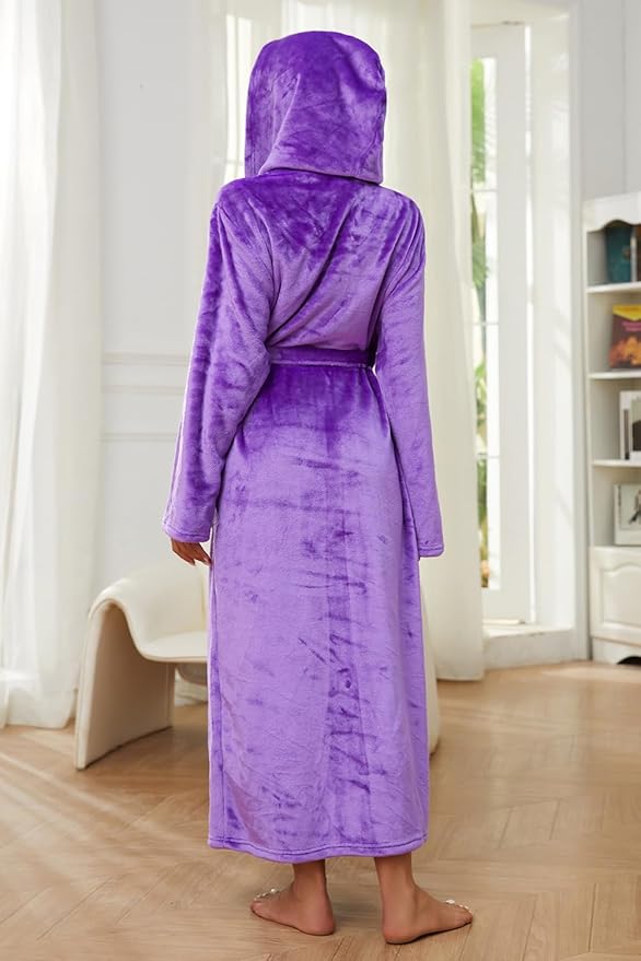 HEARTNICE Womens Long Hooded Robe, Soft Warm Fleece Bathrobes Full Length Plush House Coat