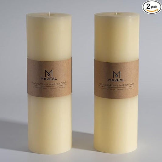 MOZEAL 4" x 12" Extra-Large Ivory Pillar Candles (Set of 2), Unscented,Dripless, Smokeless,Long Clean-Burning,These Tall 12 inch Large Ivory Pillar Candles Perfect for Weddings and Christmas Decor