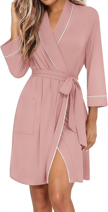 Ekouaer Women Robes Shawl Collar Bathrobe Short Kimono Robe Soft Knit Bathrobes Ladies Sleepwear with Pockets S-XXL